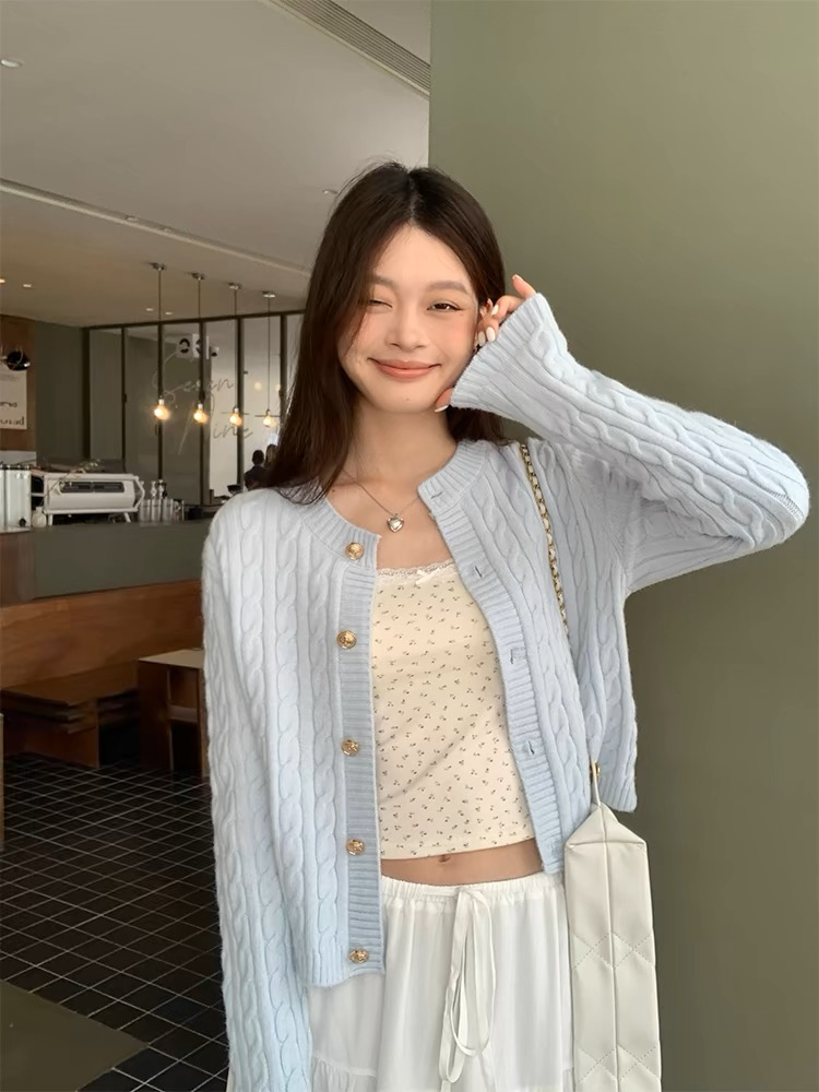 溫柔軟糯麻花短款毛衣女糖果色圓領針織開衫外套上衣