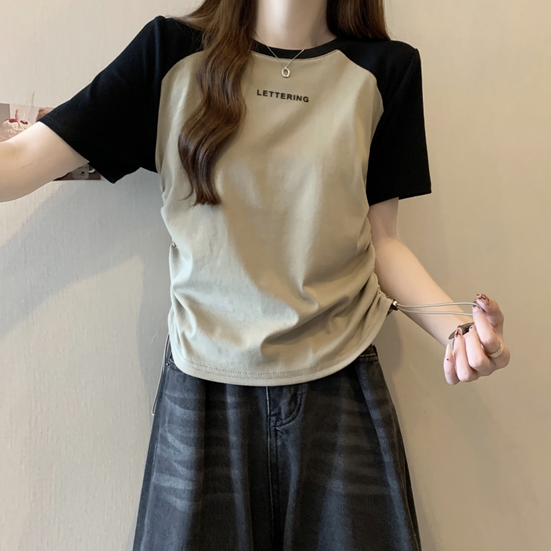 實拍  40支純棉 2024夏裝立體膠印抽繩短袖T恤女收腰上衣