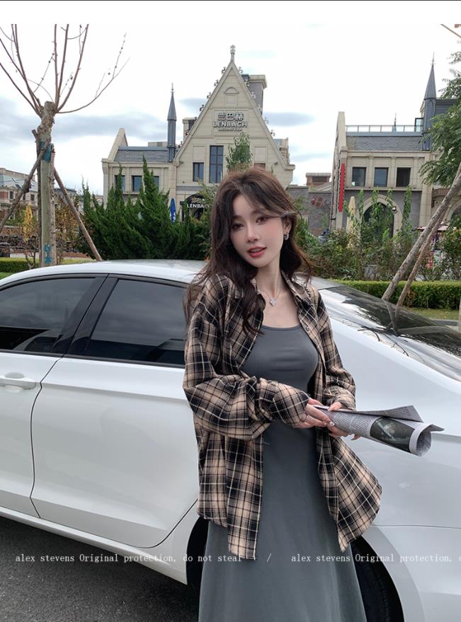 alex stevens美拉德系列格子襯衫外套女春季bm寬鬆中長款襯衣上衣