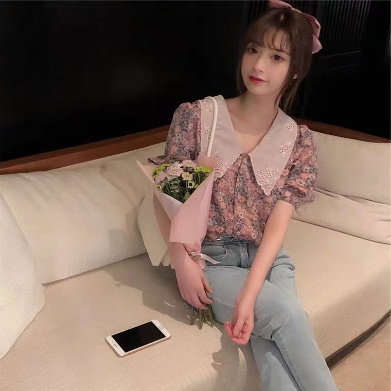 娃娃領碎花上衣小清新泡泡袖小雛菊襯衫夏少女