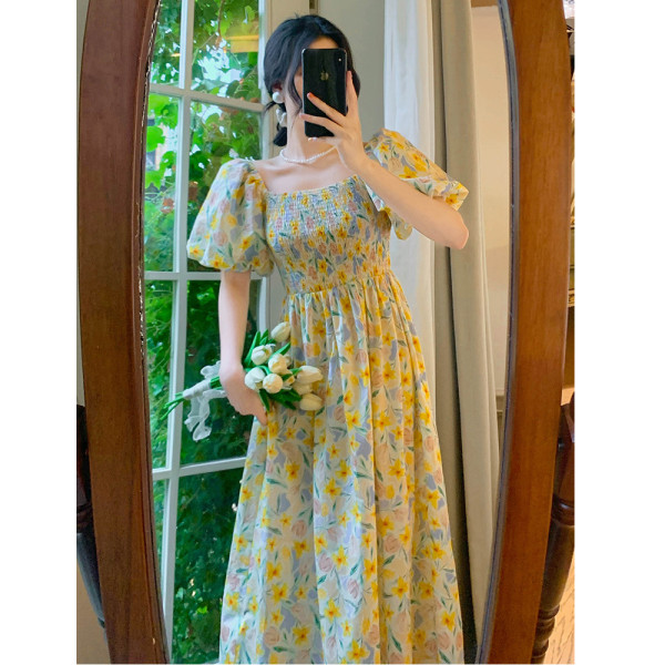韓國夏季新款小香女風名媛一字領泡泡短袖鬆緊腰碎花顯瘦連衣裙