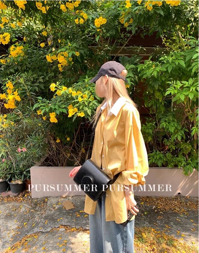 朴夏pursummer黃色春日襯衫女裝2024新款春款小衫設計感條紋襯衣