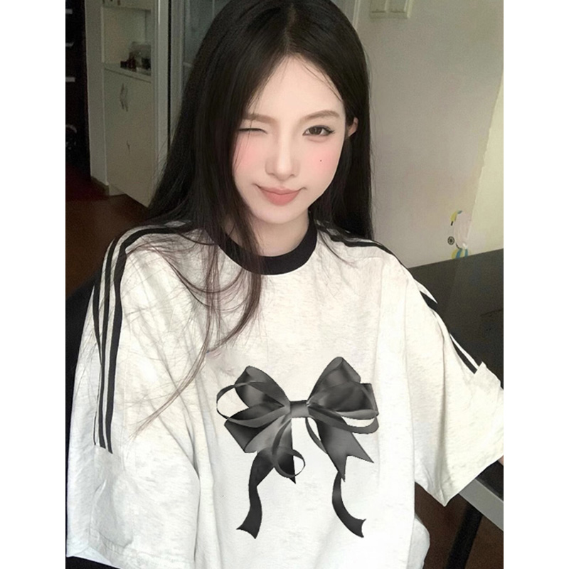 純棉 天貓質量 美式復古小眾蝴蝶結印花寬鬆百搭短袖T恤