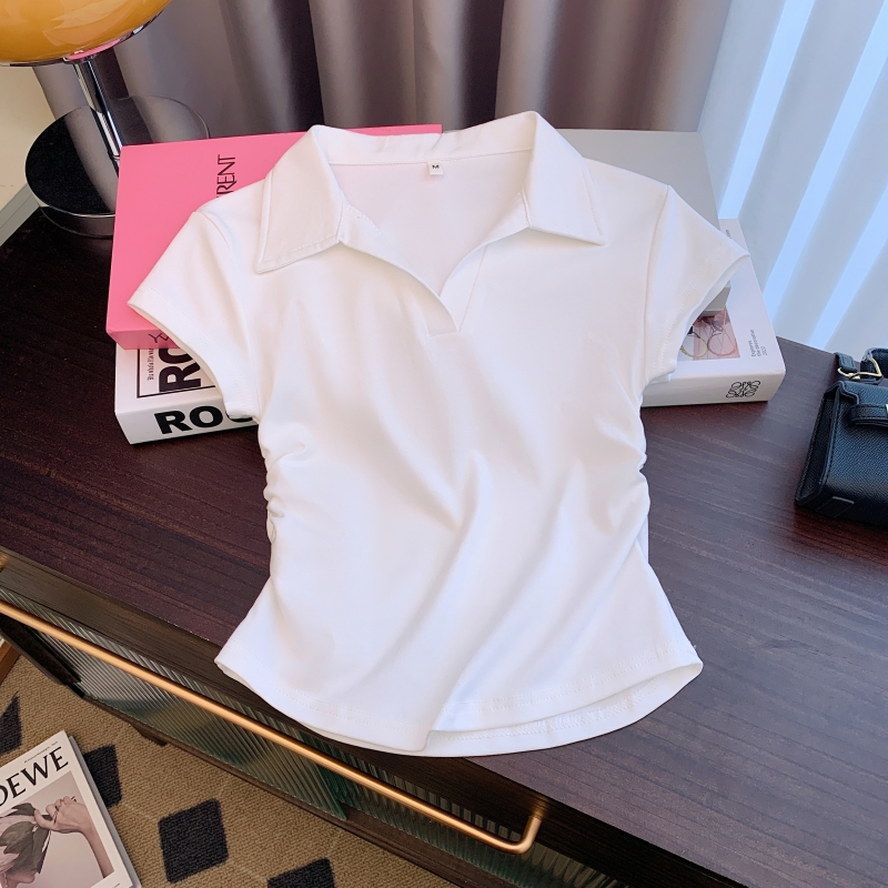 實拍  40支純棉 2024夏裝polo領收腰設計感小短袖T恤女