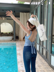 實拍 法式純欲性感大露背蝴蝶結格子背心女修身無袖外穿上衣