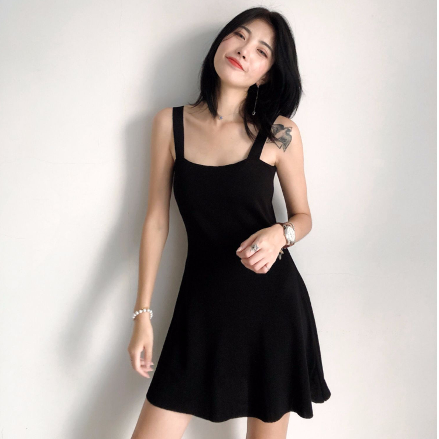 Summer new style Hepburn knitted inner wear pure lust black bottoming little black skirt knitted suspender dress