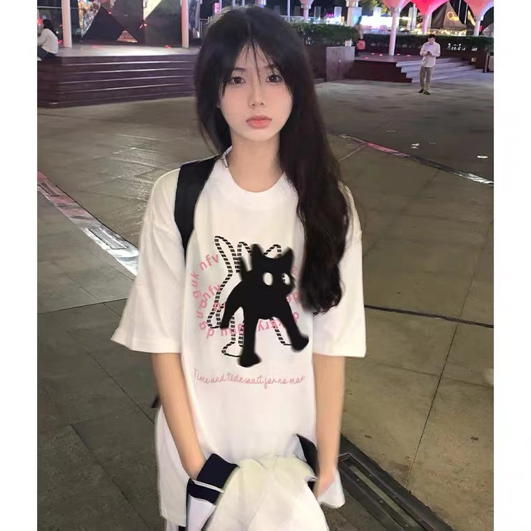 220克抖音爆款落肩寬鬆版型精梳純棉後包邊短袖T恤印花款