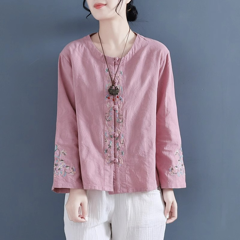 純棉提花盤扣中國襯衫復古民族刺繡上衣外套中式禪意茶服棉麻文藝