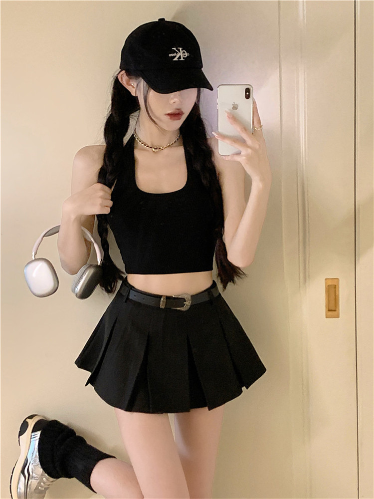 實拍  百褶半身裙女春季超短裙褲高腰性感帶腰帶裙子