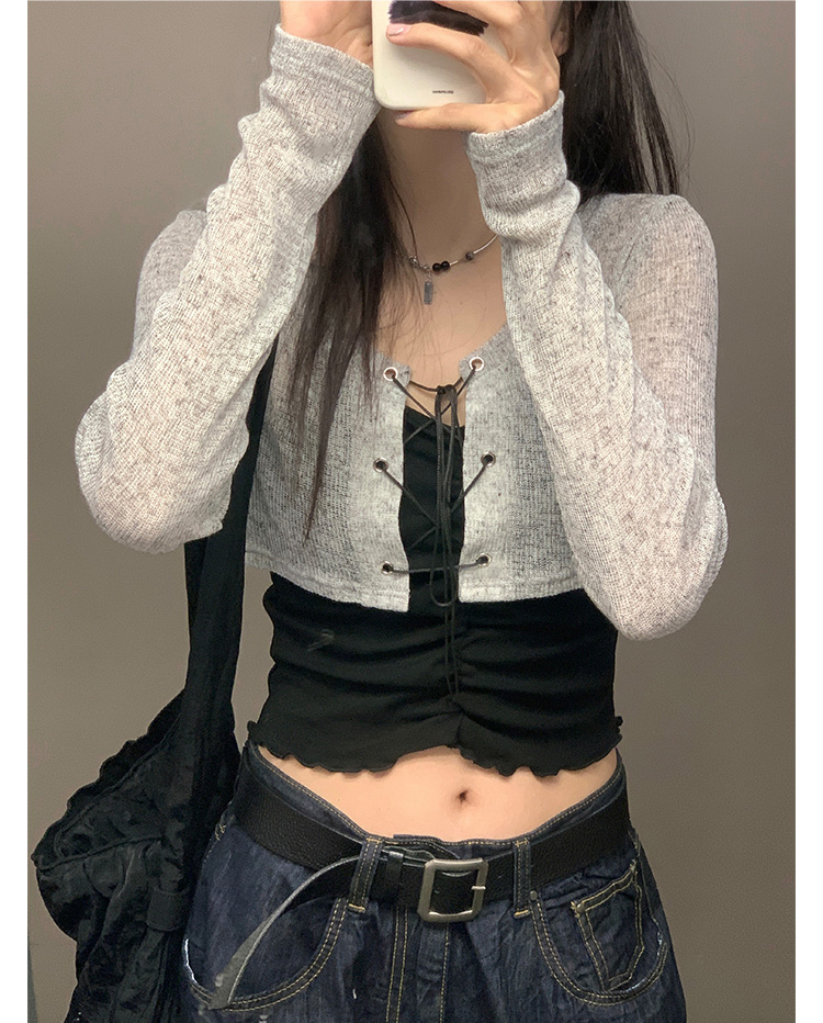 短款上衣修身長袖綁帶套裝女2024春夏季新款甜辣風吊帶開衫兩件套
