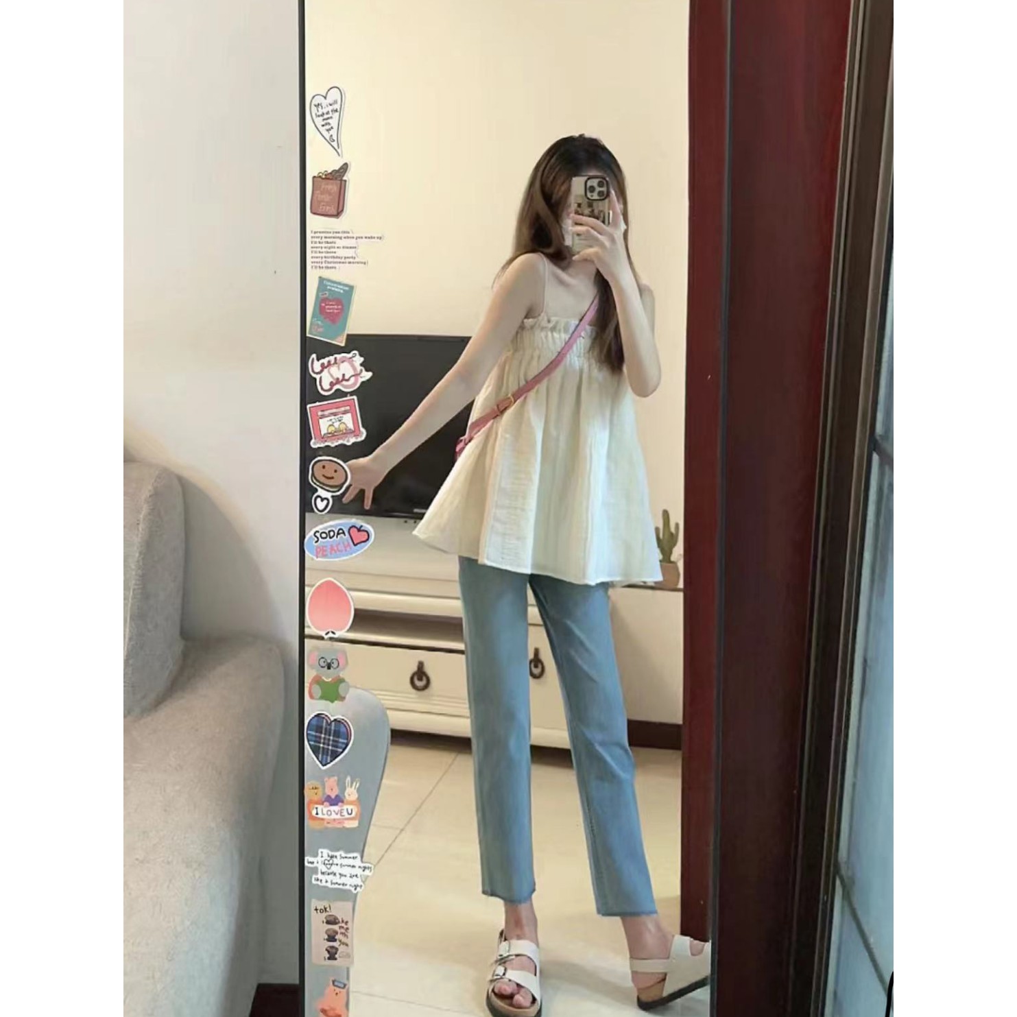 原創純欲風露鎖骨吊帶女小眾寬鬆ins設計感抹胸上衣女+牛仔褲套裝