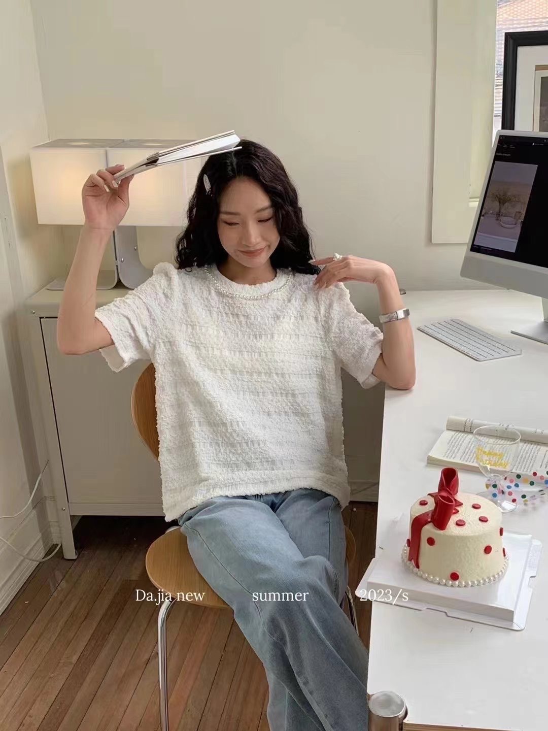韓國2024夏季新款女裝設計感小眾褶皺短袖t恤女時尚氣質修身上衣
