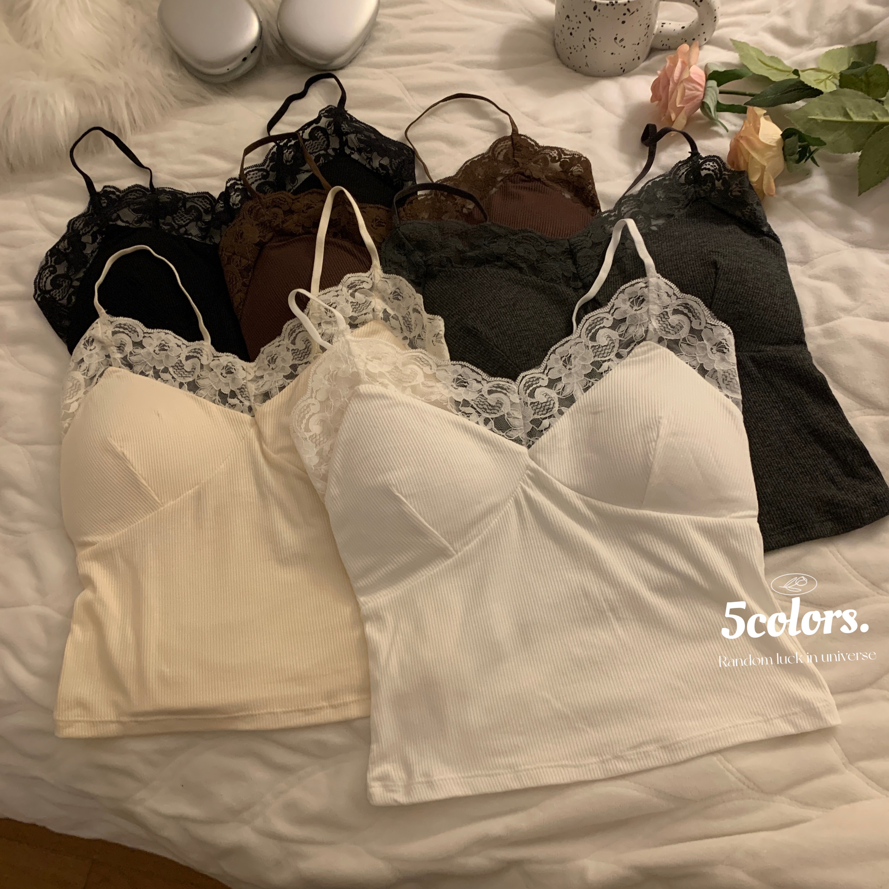 Actual shot of the new sexy lace stitching small camisole for women with sleeveless straps and padded tops