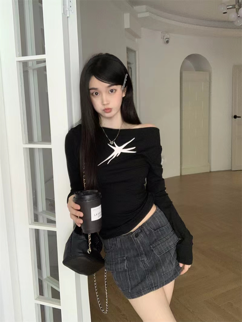 美式辣妹一字肩長袖T恤女2024春季新款純欲風修身顯瘦設計感上衣