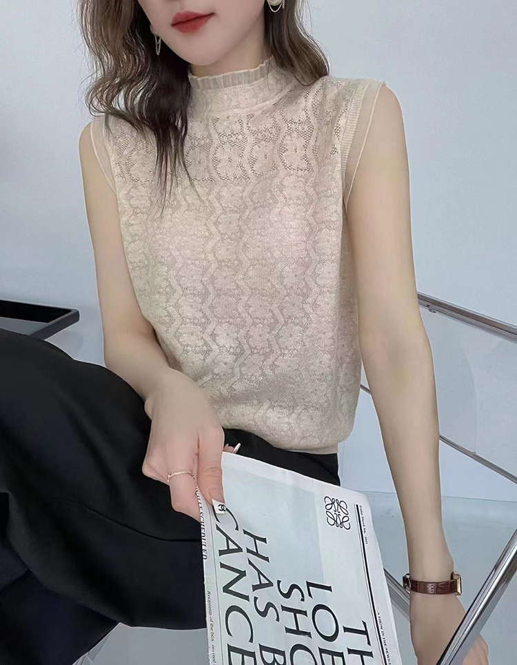 2024新款木耳邊內搭蕾絲背心女精紡針織無袖上衣鏤空薄款打底衫