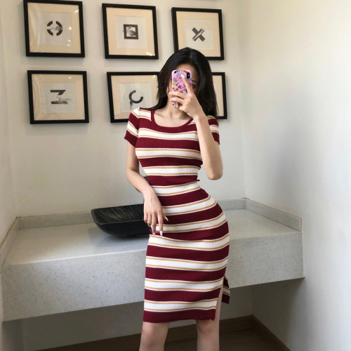Summer sexy busty big striped contrasting sweater mid-length skirt slim hip-covering slit dress