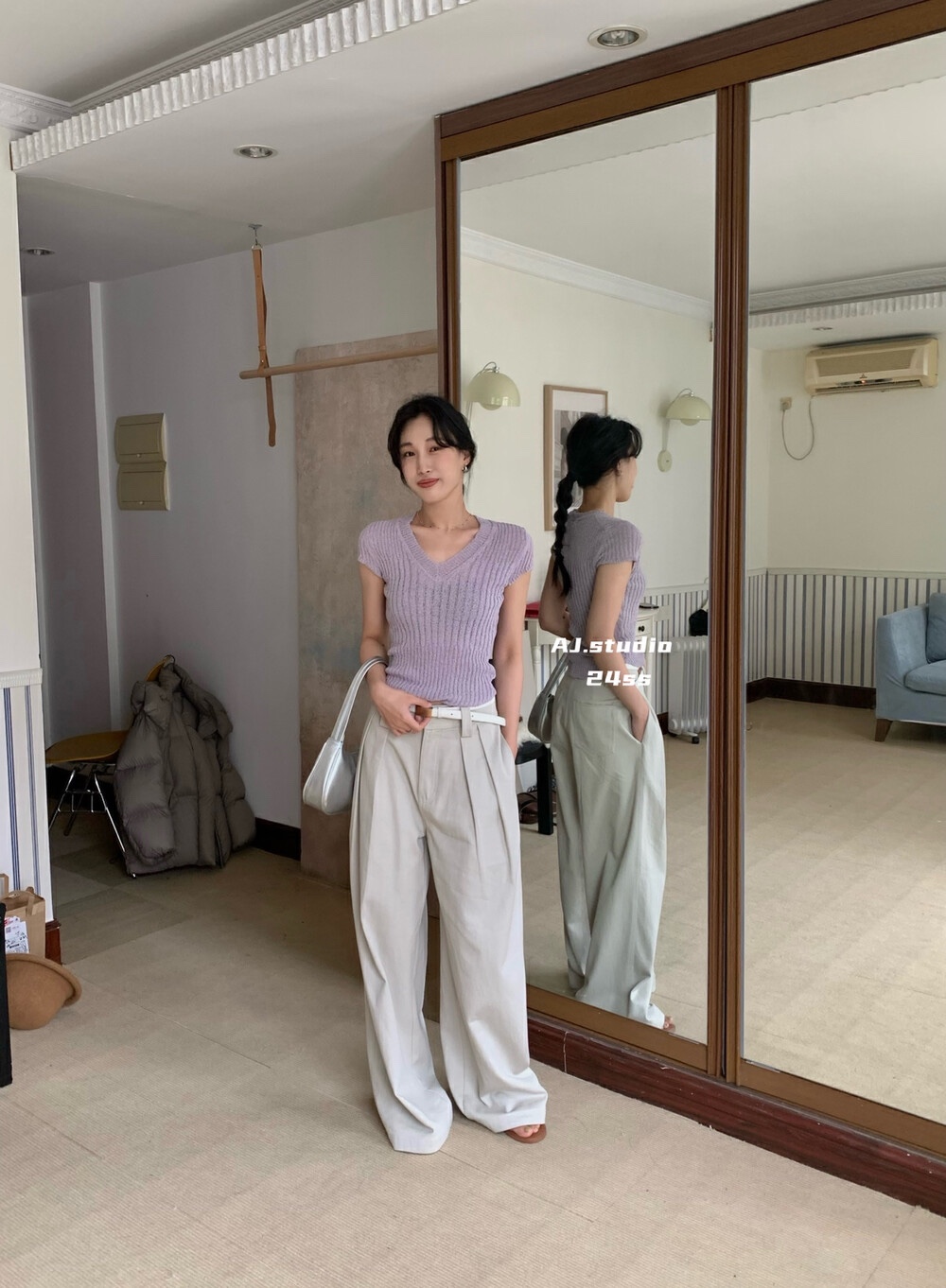 AJ STUDIO 2024早春上新韓版新款ins潮甜美V領短袖修身套頭針織衫