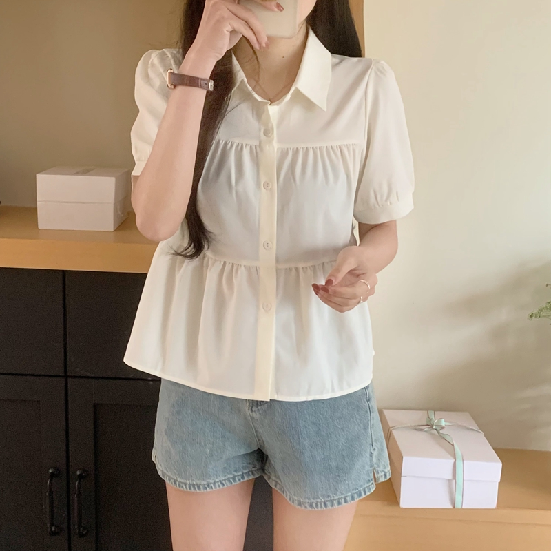 實拍 杏色短袖娃娃衫女夏2024新款寬鬆泡泡袖遮肚子收腰襯衫上衣