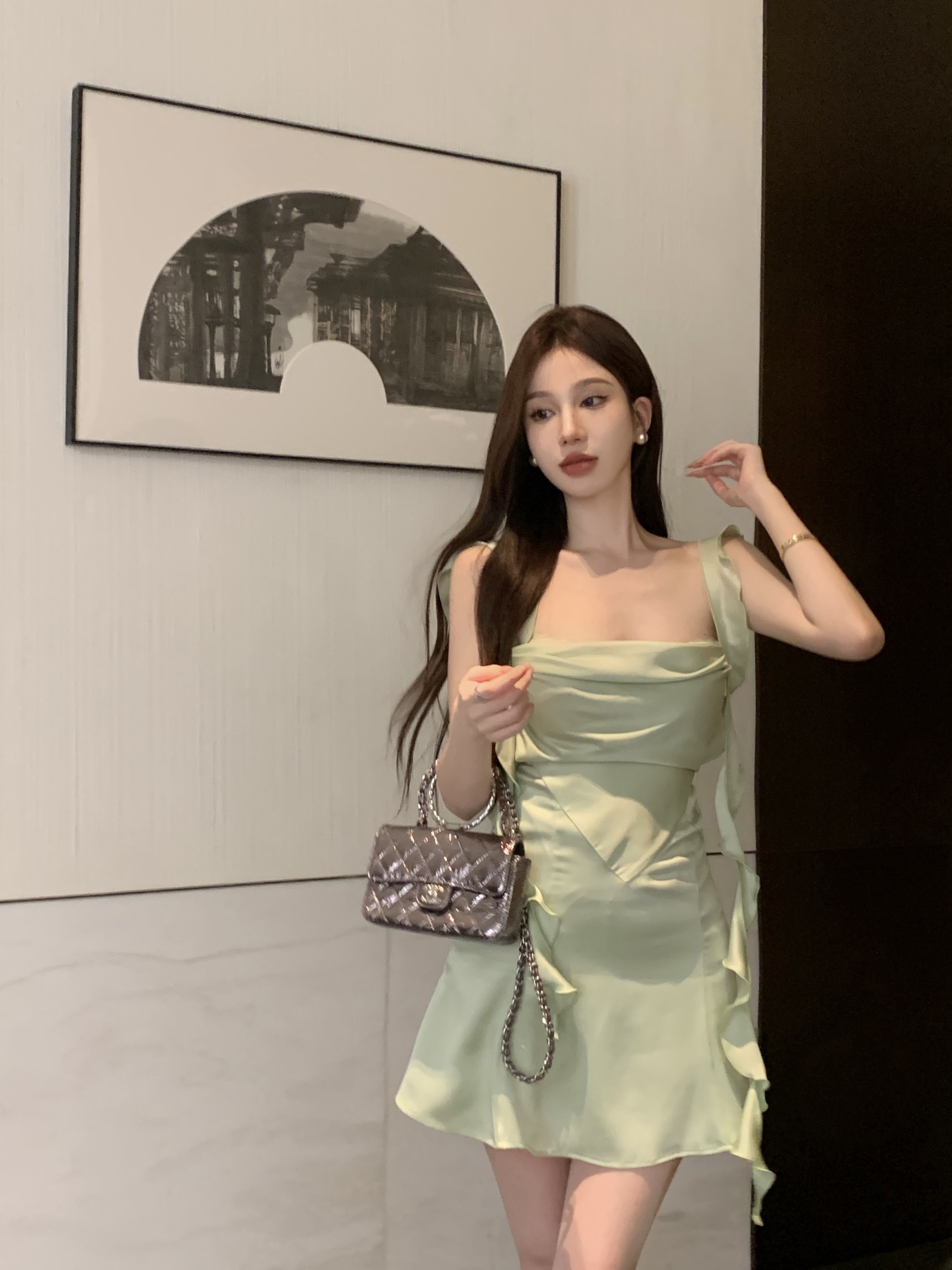 Actual shot of pure lust-style ruffled strapless backless dress, stunning holiday style mint mambo skirt