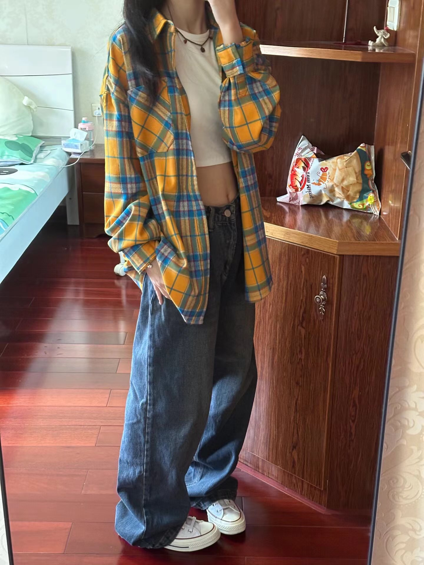 復古Vibe風黃色格子短袖襯衫外套女夏季設計感小眾美式開衫襯衣潮