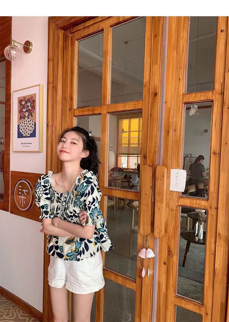 日系復古短袖襯衫女設計感夏季碎花寬鬆襯衣女