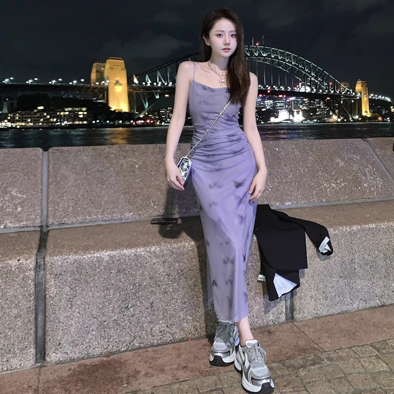 夢境蝴蝶彈力復古氣質國風網紗印花抽褶設計吊帶連衣裙子