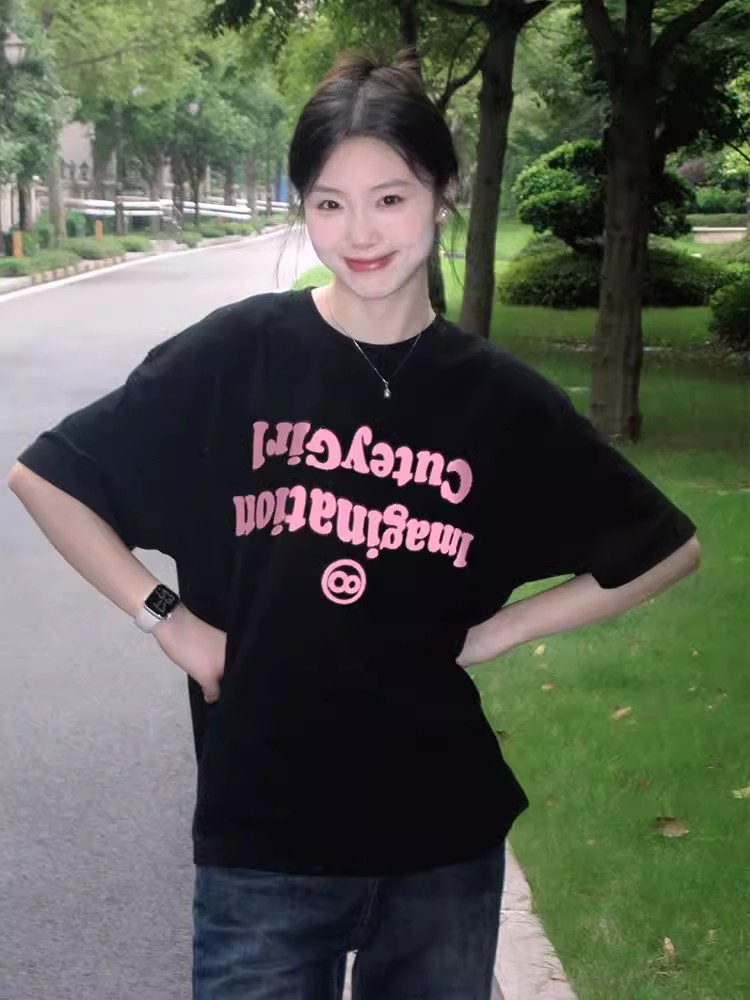 200克精梳純棉新款T恤女寬鬆大碼設計潮牌版印花上衣