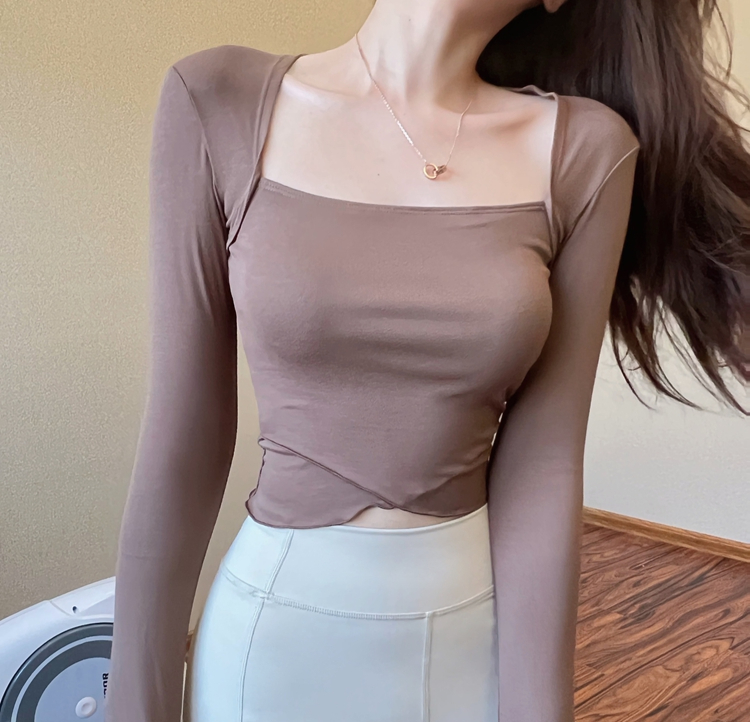 高級感瑜伽上衣修身運動長袖女秋優雅方領芭蕾風舞蹈速干健身罩衫