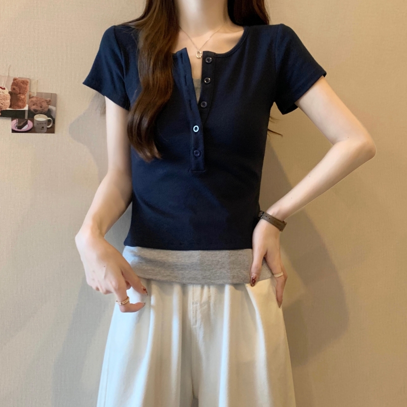 實拍 40支純棉韓版新款寬鬆夏季撞色拼接假兩件短袖T恤女美式上衣