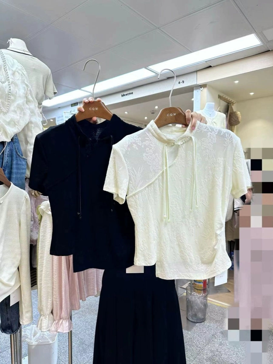 國風短款短袖T恤女2024夏季新款套頭盤扣修身簡約提花百搭上衣潮