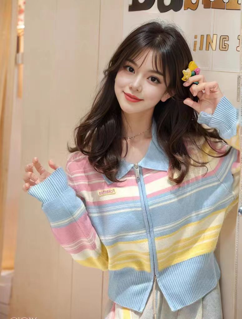 Colorful Striped Sweater Women's Spring 2024 New Korean Style Small Short Contrast Color Splicing Knitted Cardigan Jacket