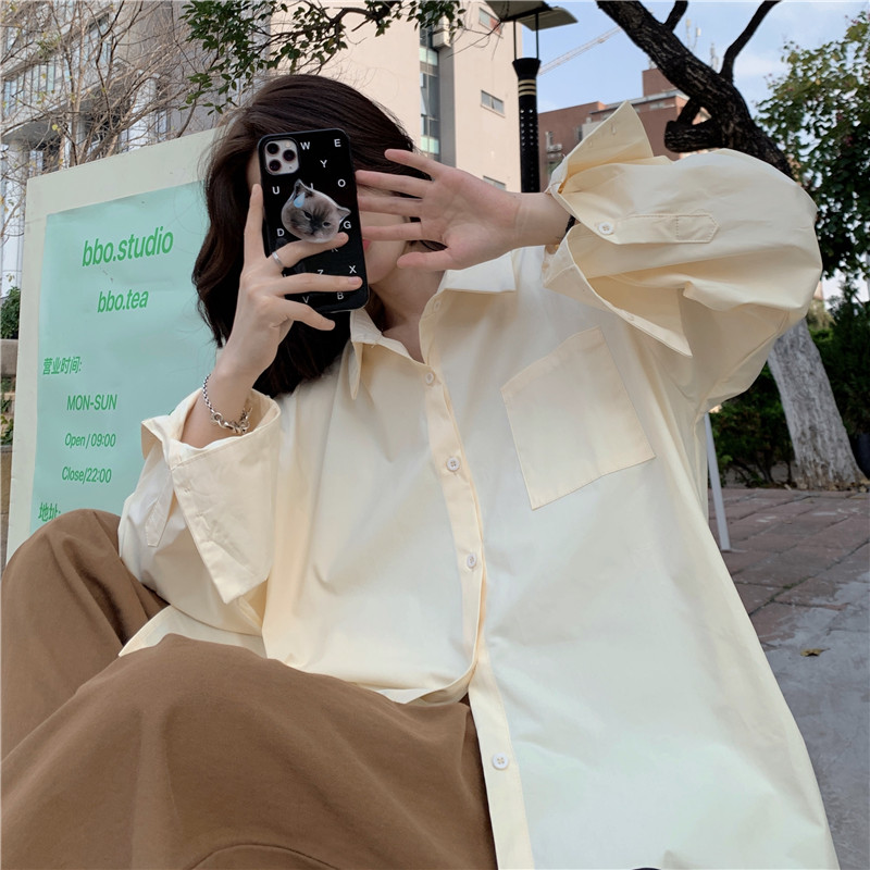 實拍設計感小眾白襯衫外套女春內搭寬鬆藍色襯衣