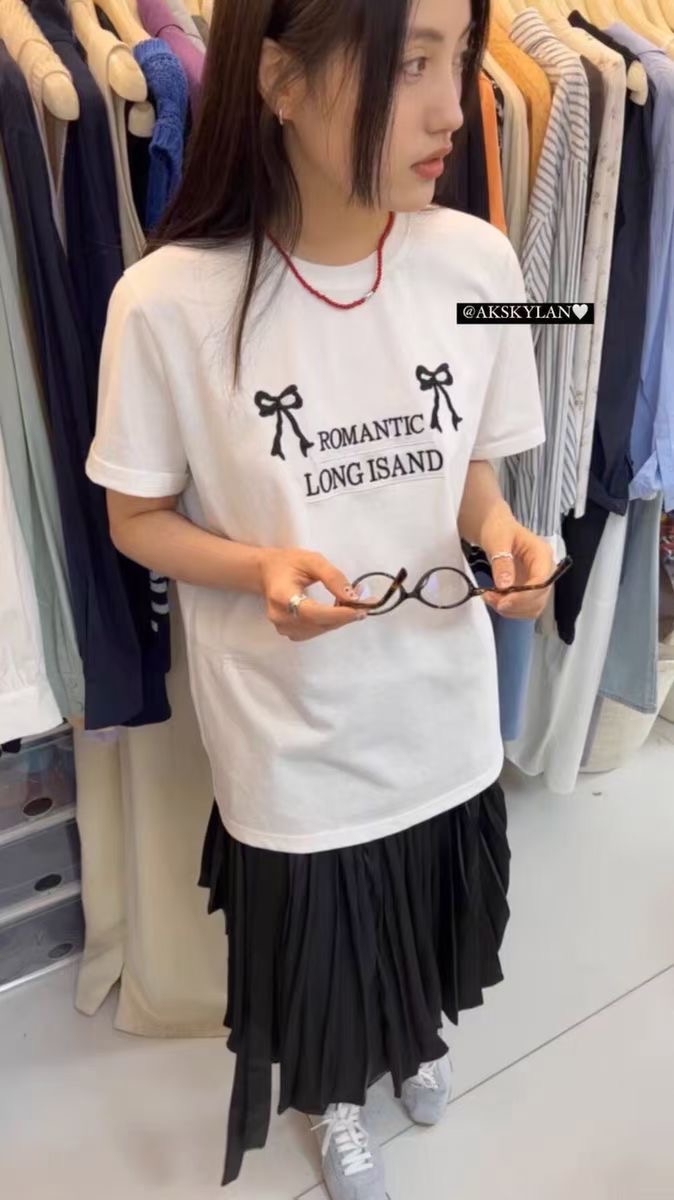 2024春夏新款寬鬆蝴蝶結刺繡圓領白色短袖T恤女洋氣百搭上衣