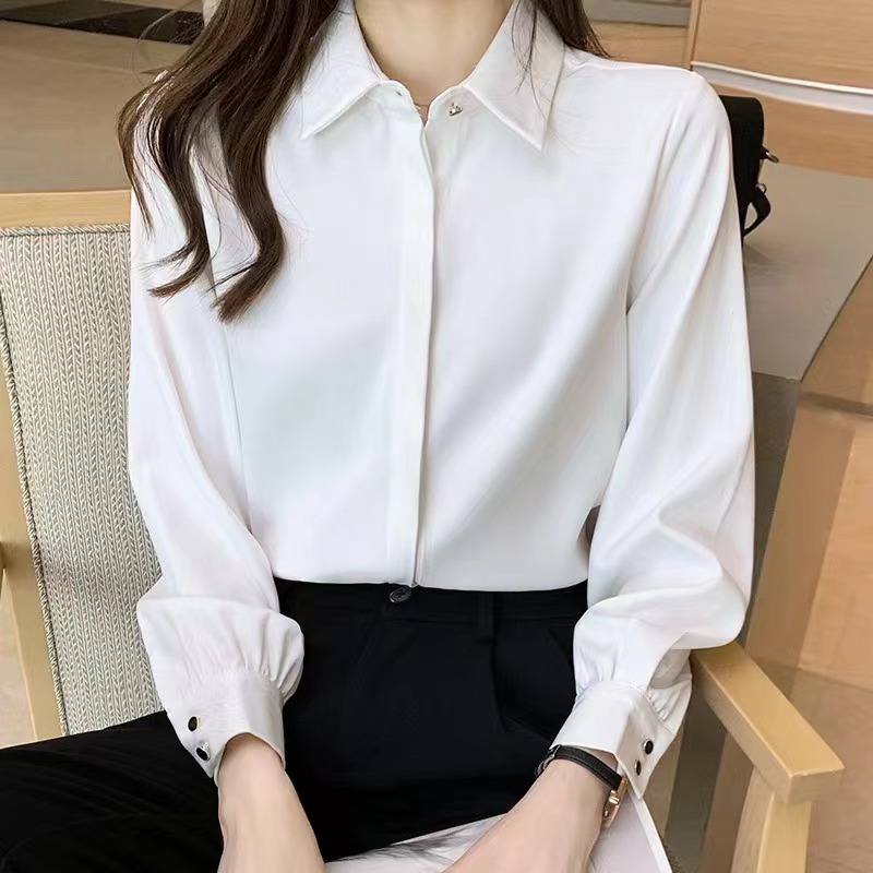 2024春秋新款白色襯衫女長袖韓版面試職業正裝襯衣女上衣