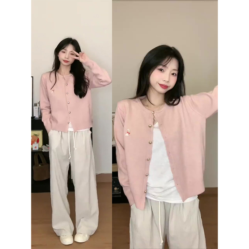 Pink raccoon velvet small fragrant knitted cardigan for women's spring and autumn soft waxy sweater jacket socialite short top