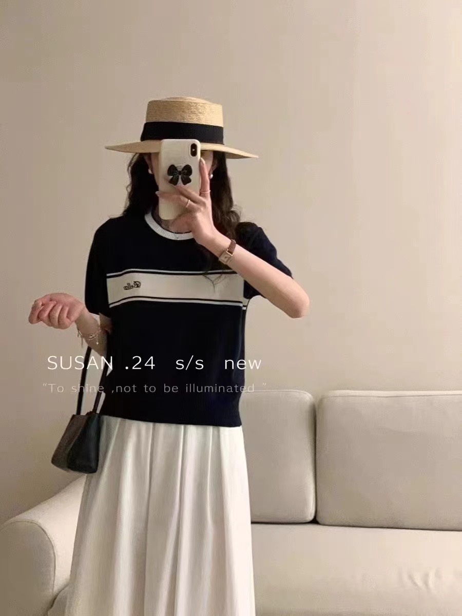 SUSAN 氣質拼色針織短袖t恤女韓系法式別致提花字母寬鬆顯瘦上衣