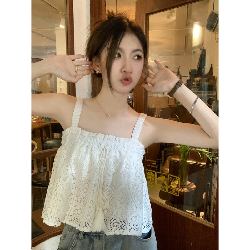 夏季新款純欲風甜美鈎花木耳邊繫繩娃娃減齡蕾絲吊帶上衣