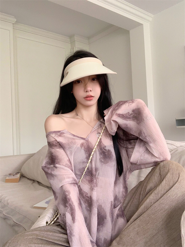 實拍 設計感寬鬆顯瘦V領洋氣扎染薄款微透防曬T恤上衣