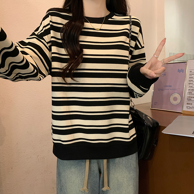 實拍250克泡泡格打底衫女2024春秋薄款潮圓領長袖t恤上衣大碼女裝