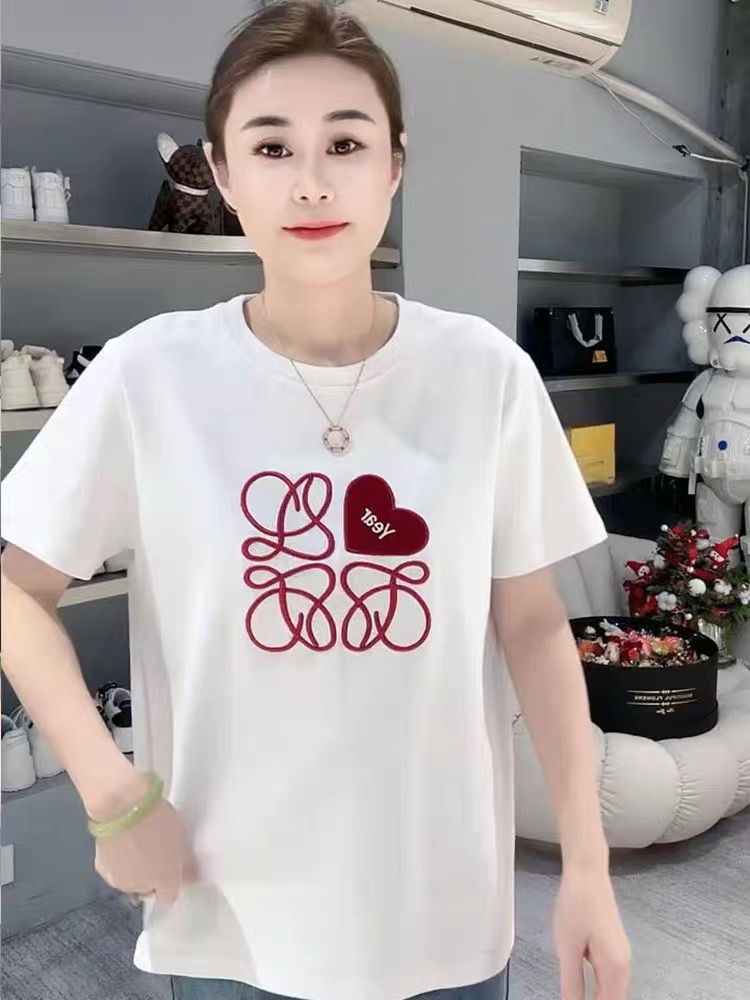 2024春夏新款圓領刺繡愛心字母拼色短袖T恤女時尚洋氣打底上衣潮