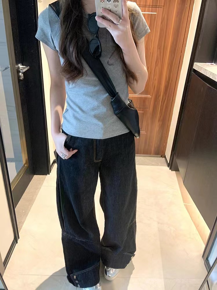 美式灰色正肩短袖t恤女夏季2024新款設計感獨特别致辣妹修身上衣
