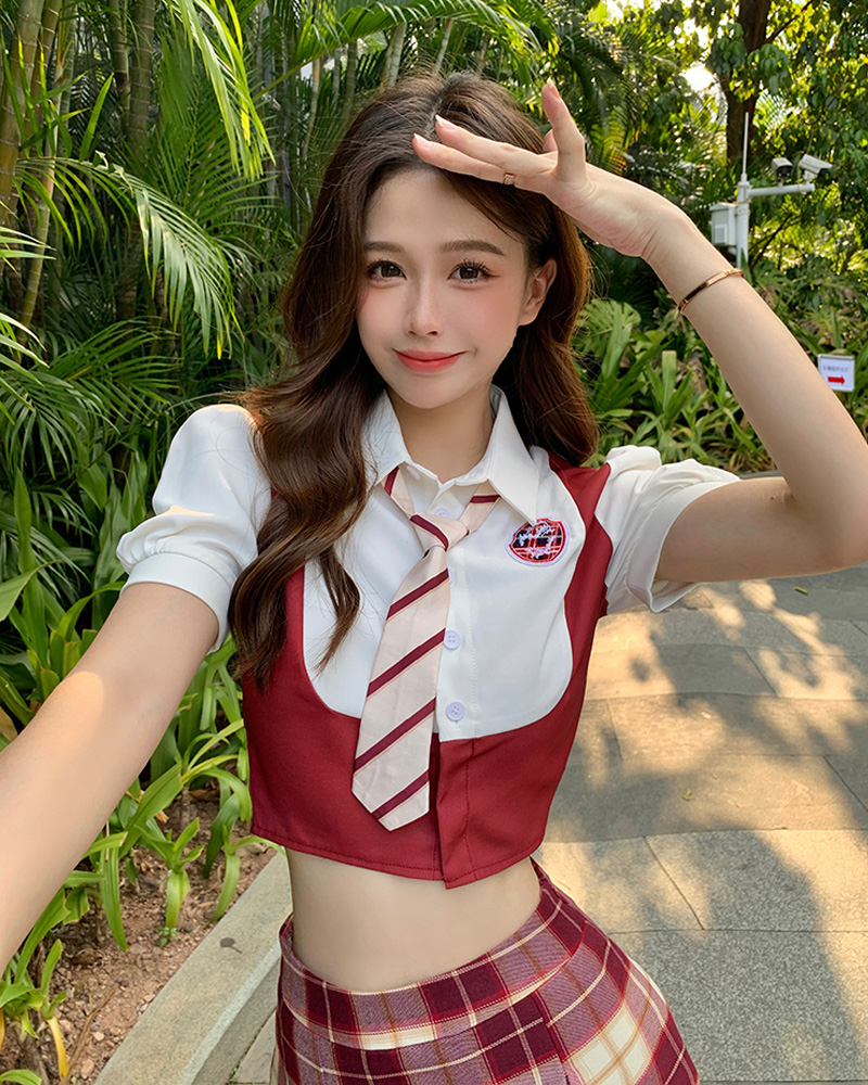 學院風時尚套裝女夏季假兩件短款襯衫上衣紅格子百褶裙甜辣兩件套