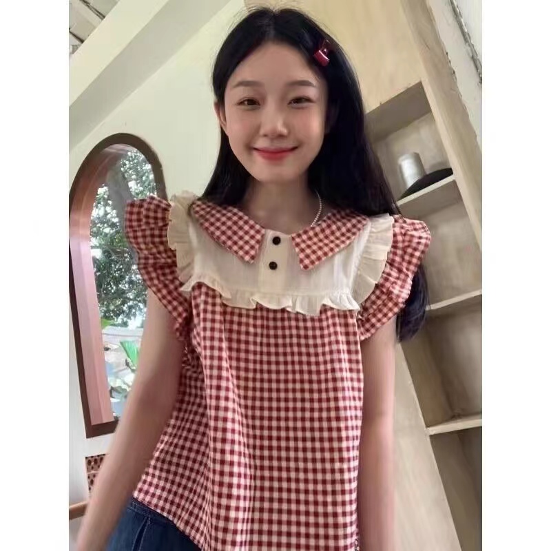 日系甜美飛飛袖格子襯衫女小個子夏季新款好看洋氣的小衫上衣