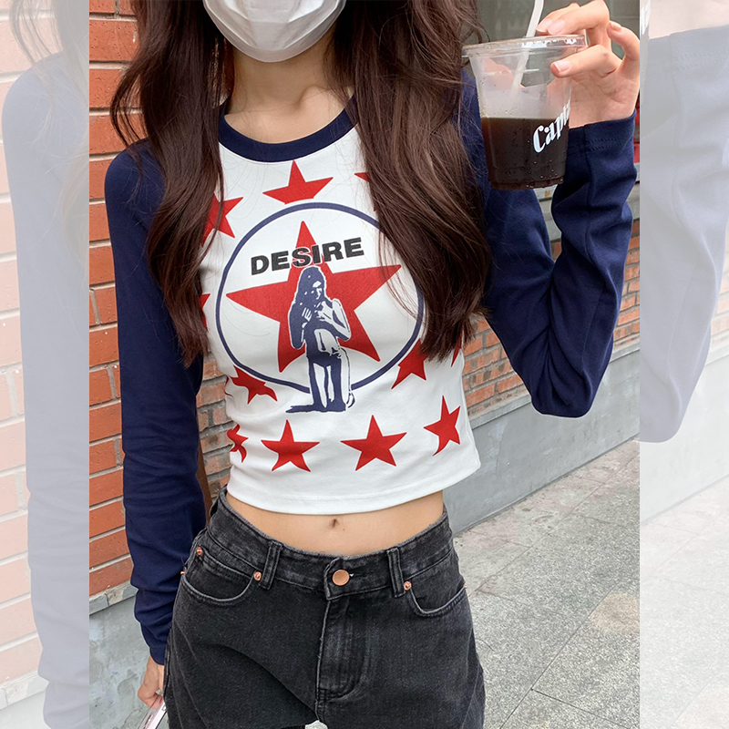 美式辣妹T恤女秋季2024新款星星印花撞色修身顯瘦短款長袖上衣潮