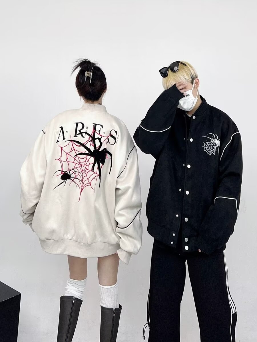 麂皮絨春季新款蜘蛛刺繡夾克女美式國潮炸街嘻哈飛行服外套
