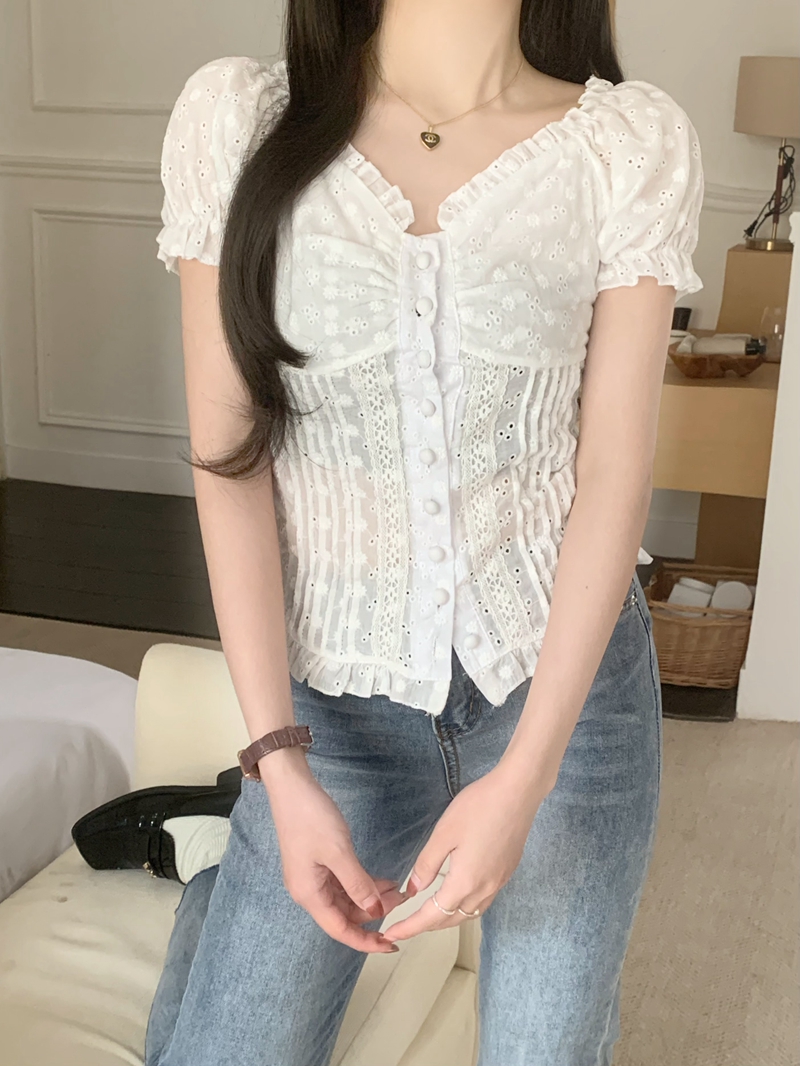 實拍宮廷風小個子溫柔蕾絲泡泡袖襯衣女修身顯瘦短袖襯衫甜美上衣