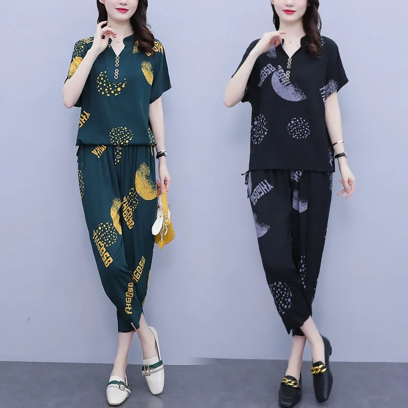 棉麻時尚套裝2024夏季新款大碼女裝休閒哈倫褲顯瘦舒適短袖兩件套