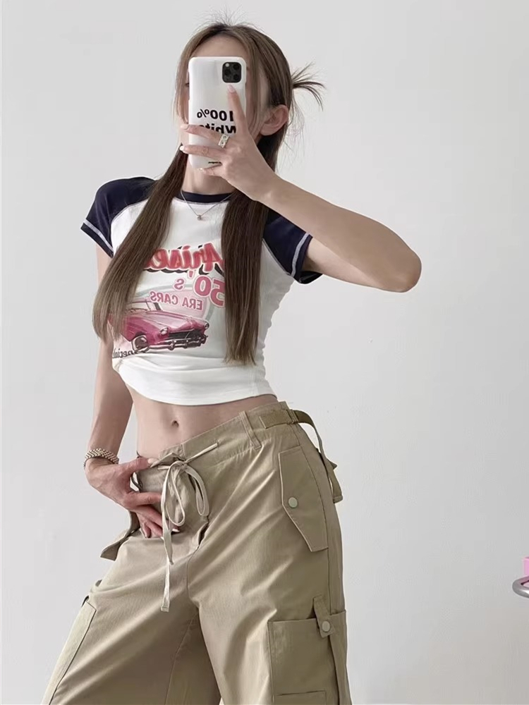 Ariseism 美式辣妹粉色賽車短袖t恤女2024年夏季新款緊身插肩上衣