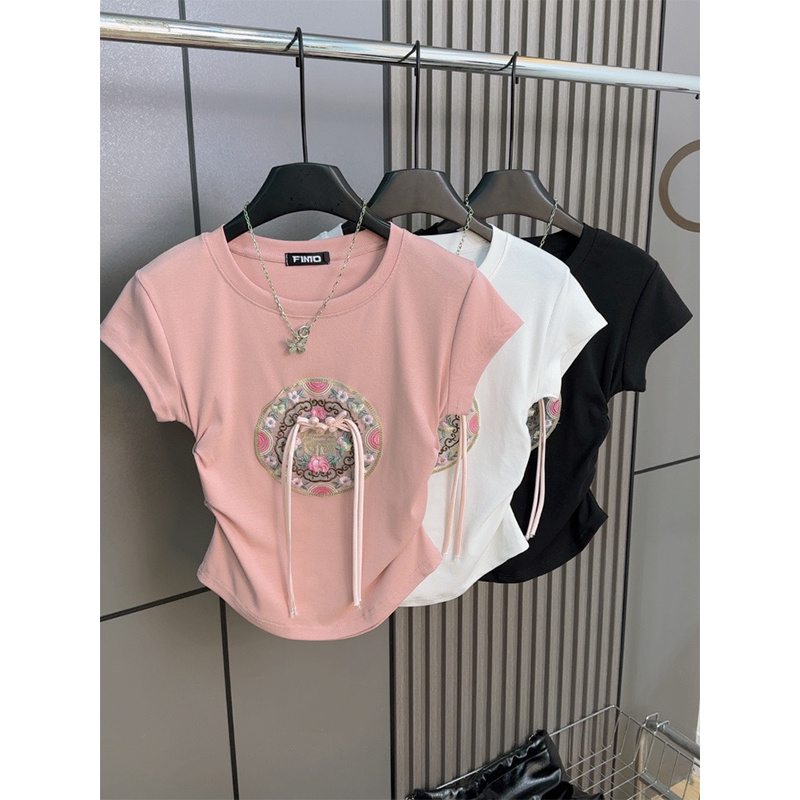 刺繡復古2024春夏新款國風民族風正肩短袖T恤女氣質別致內搭上衣