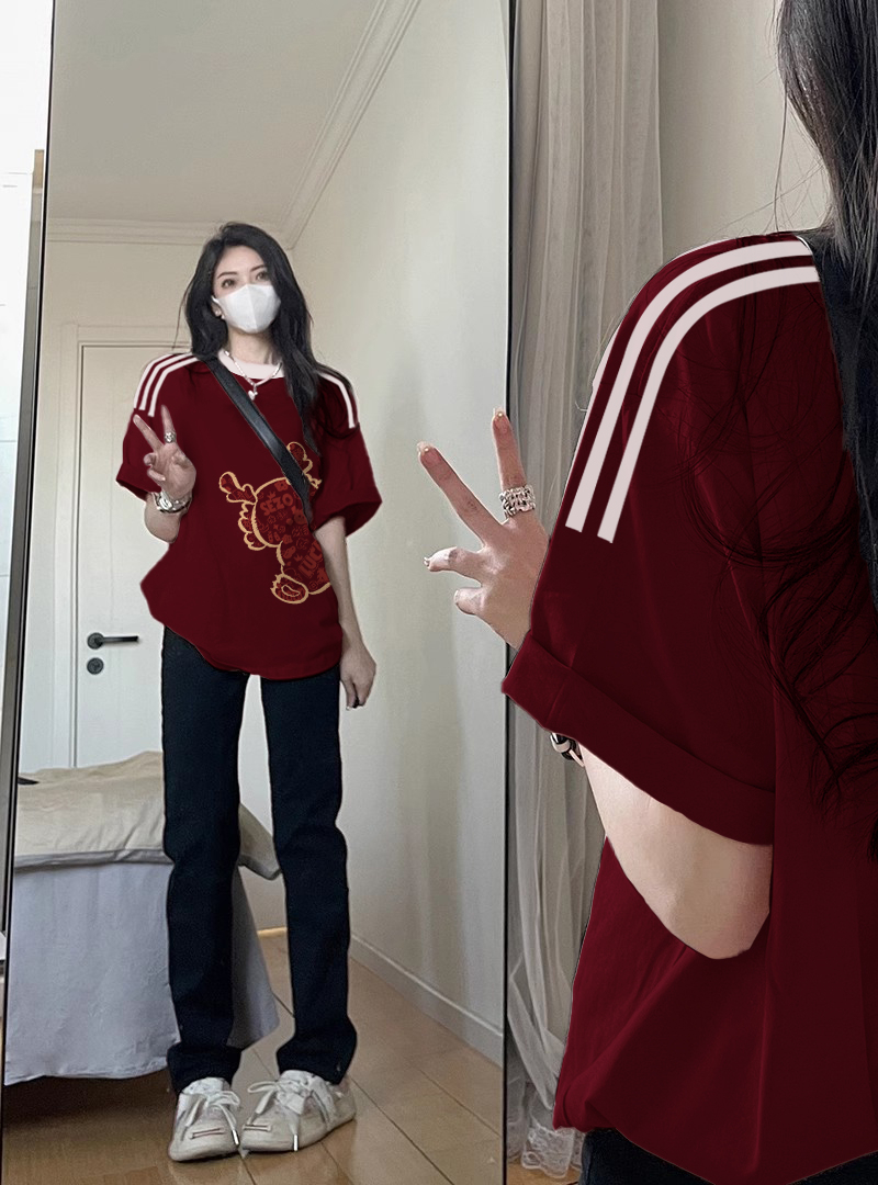 2024龍年本命年新年衣服女春夏新款寬鬆慵懶風白條學院風短袖t恤